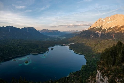 View over the Eibsee lake at sunset