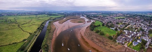Panorama of River Exe in Topsham and Exeter from a drone