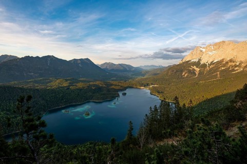 View over the Eibsee lake at sunset