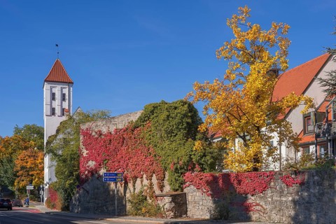 Waisentor and remains of the town wall with autumn leaves