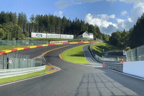 View from racing car on Eau Rouge bend and Raidillon slip road of Circuit de Spa-Francorchamps