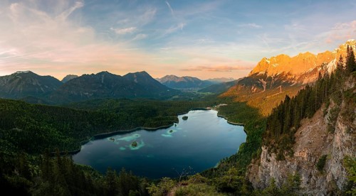 View over the Eibsee lake at sunset