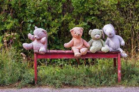 Four different coloured stuffed animals