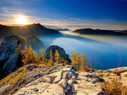 View from large Schoberstein of Attersee and Mondsee in the evening light
