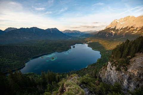 View over the Eibsee lake at sunset