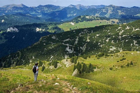 Hiker looking north from the hiking trail Obere Gottesackerwaende towards the Allgaeu Alps