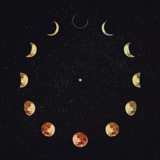 Moon phases over starry night sky background