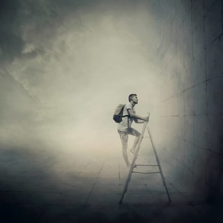 Abstract idea with a person climbing a ladder