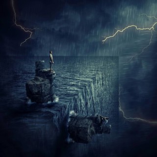 Conceptual image with a lost man sitting on a rock cliff island