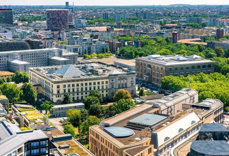 View from the high-rise building at Potsdamer Platz towards the Berlin House of Representatives and the Kreuzberg district