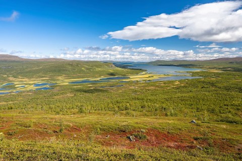 View of the Visttasjohka river delta and Lake Paittasjaervi