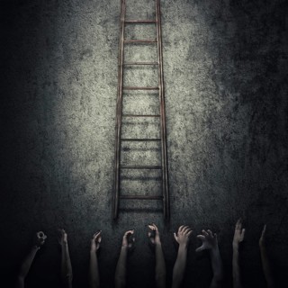 Abstract idea concept as a lot of human hands stretched out to reach a ladder and escape from a dark room prison