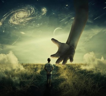 Wandering boy walks on a strange planet pathway