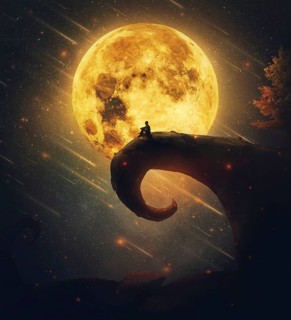 Imaginary night view with a lone man silhouette sitting on the edge of a peak against full moon and starry sky