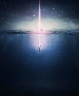 Surreal scene with a person falling underwater