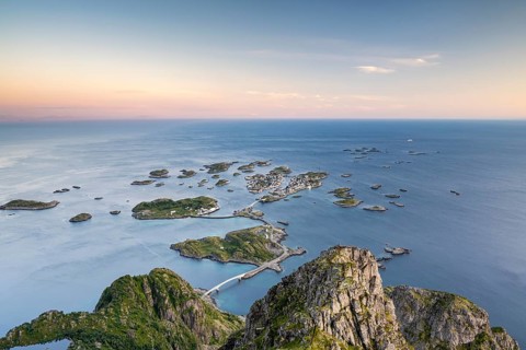 View of fishing village Henningsvaer from the top of Festvagtinden
