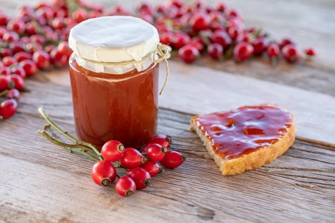 Homemade rosehip jam in a jar