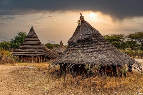 Traditionally built huts of the Laarim tribe