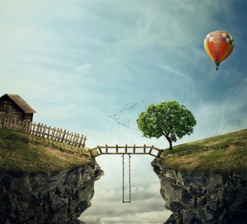 Country image with a wood bridge connecting two hills
