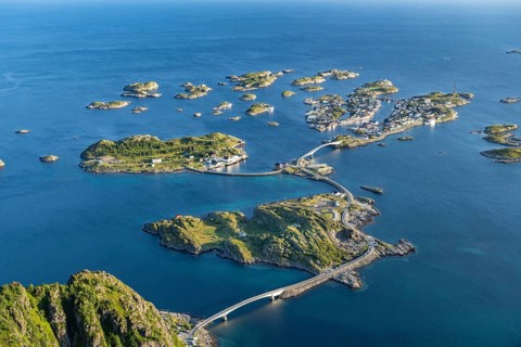 View of fishing village Henningsvaer from the top of Festvagtinden