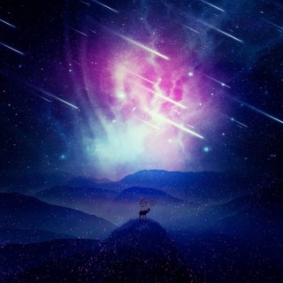 Majestic deer with long horns as tree branches stand on the peak of a rocky valley below a wonderful night sky with falling stars and sparkles