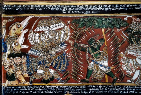 18th century Ramayana murals on Bodinayakanur palace walls