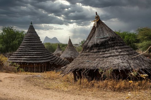 Traditionally built huts of the Laarim tribe