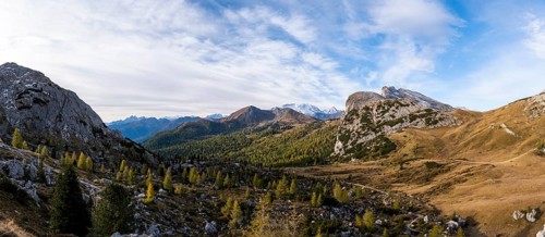 Panoramic view from Passo Valparola on glacier Marmolada