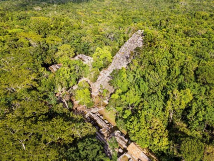 Aerial of the archeological Maya site Coba