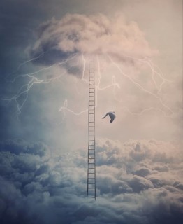 Silhouette of a fallen angel crashing down from heaven alongside a huge ladder above the clouds