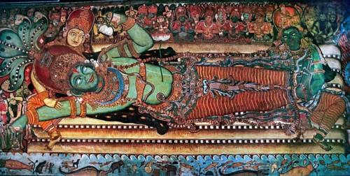 Vishnu reclining on the coils of the celestial serpent Anantha
