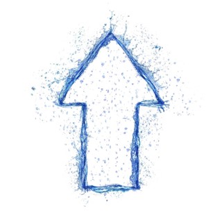 Blue water splash arrow isolated on white background