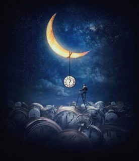 Surreal and magical night scene with a man climbing a ladder