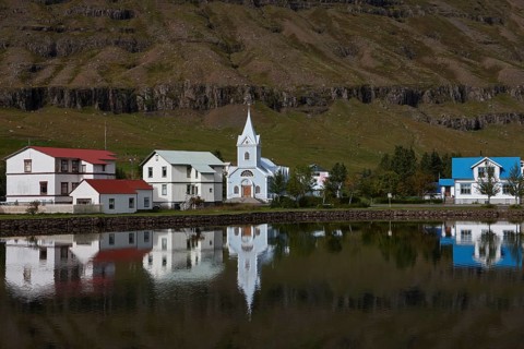 View over church and houses of Seyoisfjoerour