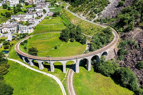 Aerial of the Brusio spiral viaduct