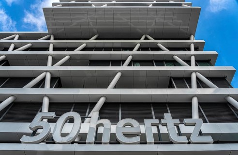 The facade of the 50Hertz Transmission GmbH building at Berlin Central Station
