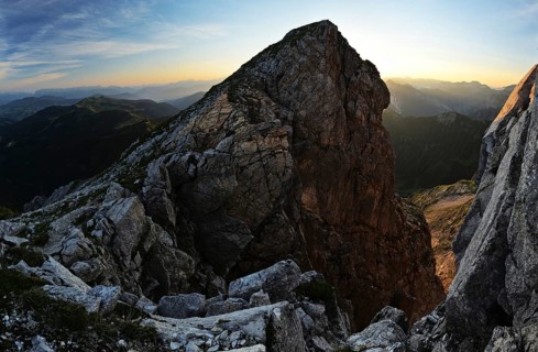 Dawn near the summit of Mt Ennskraxen in the Radstaedter Tauern mountain range of the Alps