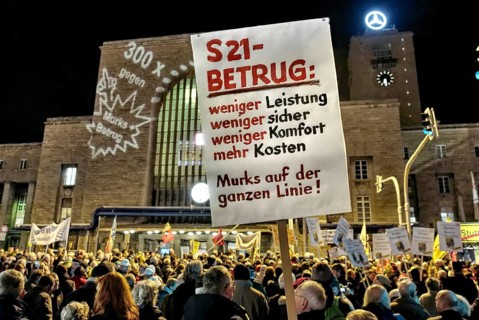 300th Monday demonstration against Stuttgart 21. Rally in front of the main railway station. Mismanagement and suspicion of corruption weigh down the railway project. Lies and deception are frequent a...