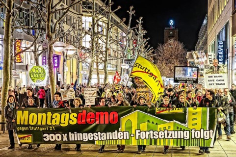 300th Monday demonstration against Stuttgart 21 with demonstration through Koenigstrasse Mismanagement and suspicion of corruption weigh down the railway project. Lies and deception are frequent accus...