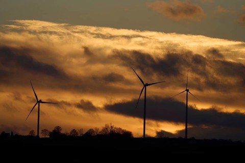 Wind turbines on the heights of the Maifeld in the front Eifel near Muenstermaifeld