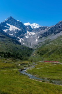 Unesco world heritage site Rhaetian Railway crossing the Bernina pass
