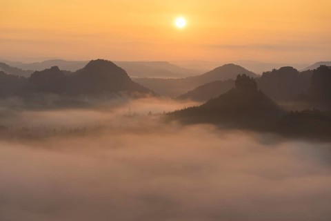 View from Kleiner Winterberg at sunrise View of Lorenzsteine and Hinteres Raubschloss or Winterstein