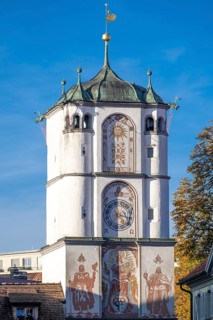 Ravensburg Gate with sundial and clock in the historic old town
