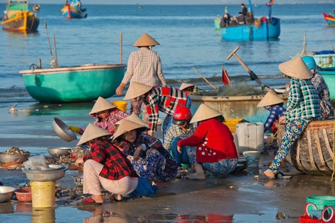 Women with straw hats on the beach with freshly caught fish and seafood