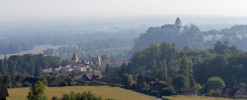 View from the Weinleiten water tower of the municipality of Ehrenhausen with Ehrenhausen Castle and the Eggenberger mausoleum