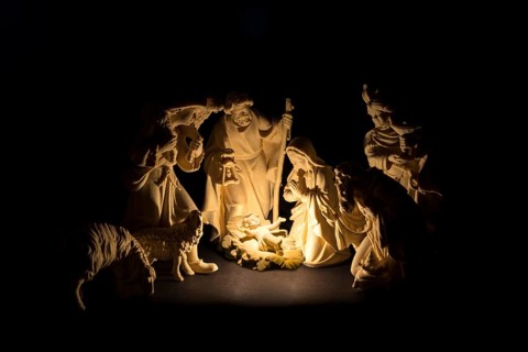 Carved wooden nativity scene figurines