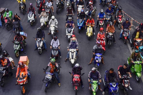 Bird's eye view of scooter riders
