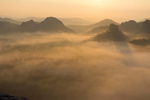 View from Kleiner Winterberg at sunrise View of Lorenzsteine and Hinteres Raubschloss or Winterstein