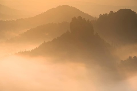 View from Kleiner Winterberg at sunrise View of Hinteres Raubschloss or Winterstein