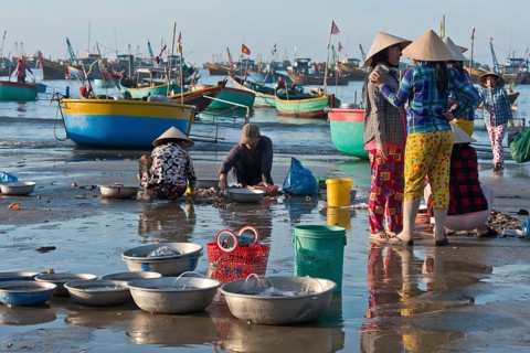 Fishermen on the beach with freshly caught fish and seafood